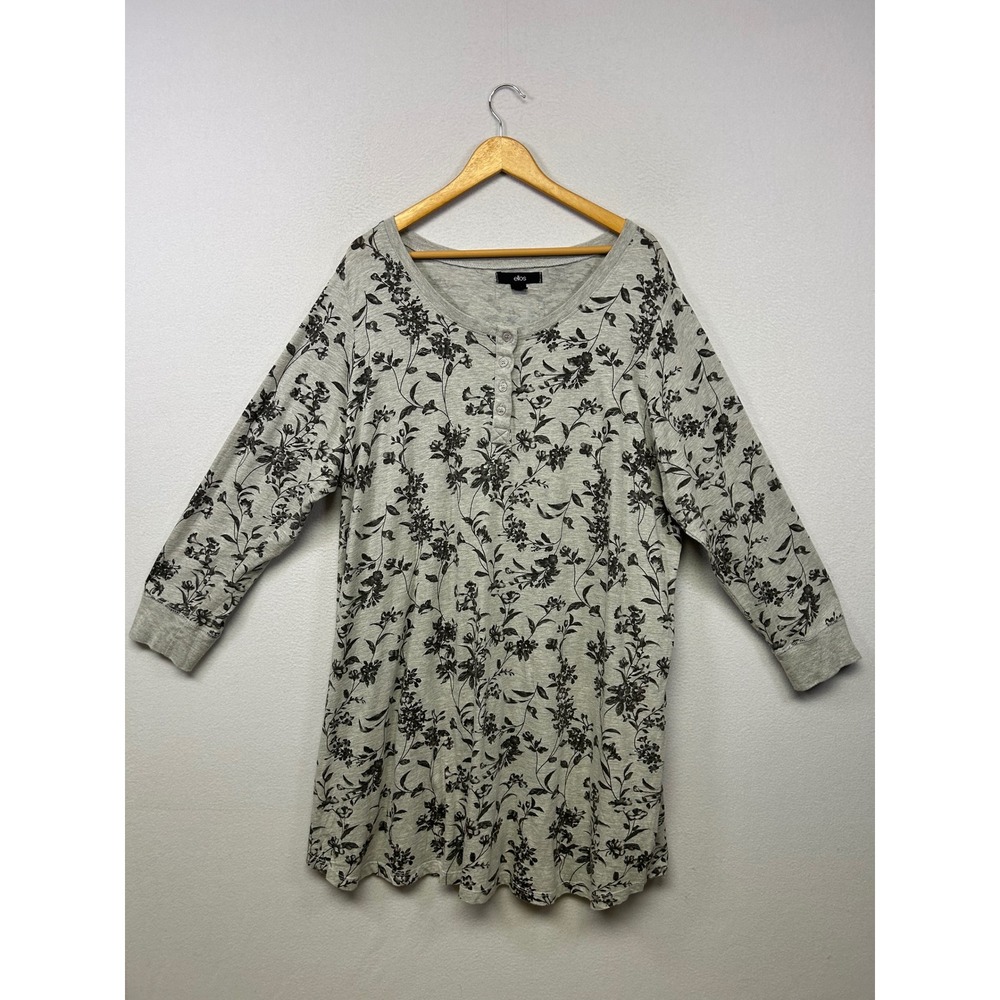 Ellos Floral Botanical Cottagecore‎ Womens 1X Grey Henley Long Sleeve Tunic Top